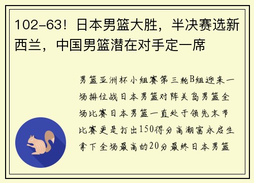 102-63！日本男篮大胜，半决赛选新西兰，中国男篮潜在对手定一席